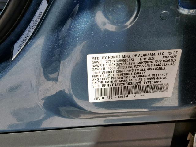 5FNYF18328B036825 - 2008 HONDA PILOT SE TEAL photo 10