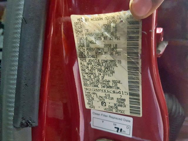 5N1ED28Y93C636415 - 2003 NISSAN XTERRA XE RED photo 10