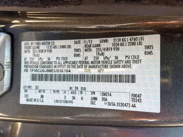 1FMCU0J98EUB56104 - 2014 FORD ESCAPE TIT GRAY photo 10