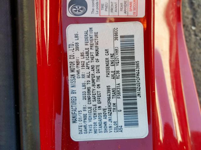 JN1AZ4EH2FM443965 - 2015 NISSAN 370Z BASE RED photo 10