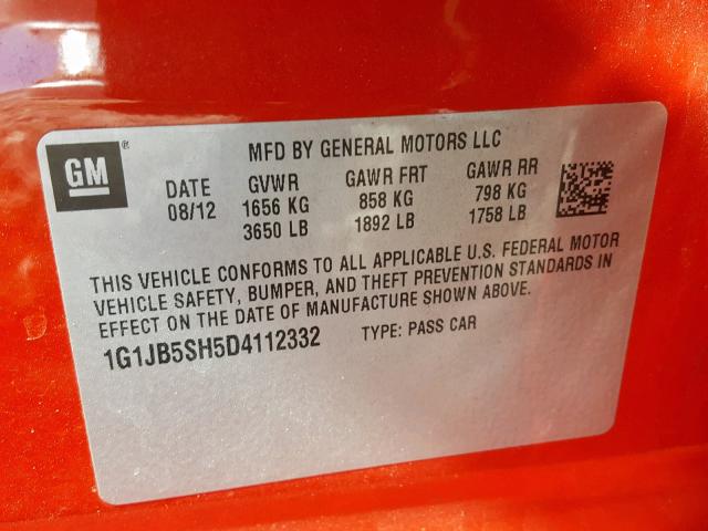 1G1JB5SH5D4112332 - 2013 CHEVROLET SONIC LS 红色 照片 10