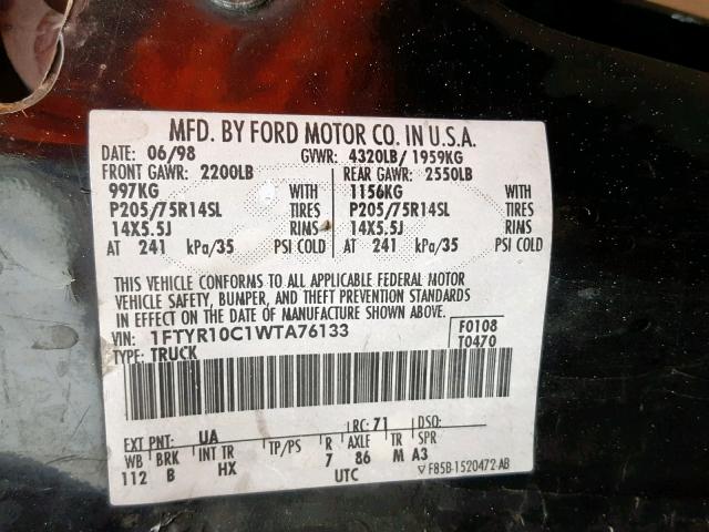 1FTYR10C1WTA76133 - 1998 FORD RANGER BLACK photo 10