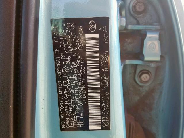 JTDKDTB31E1062112 - 2014 TOYOTA PRIUS C BLUE photo 10