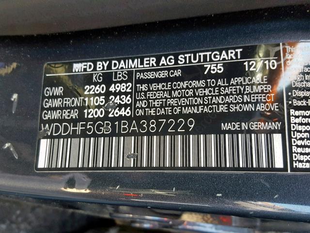 WDDHF5GB1BA387229 - 2011 MERCEDES-BENZ E 350 GRAY photo 10