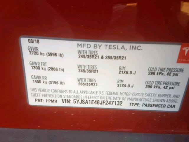 5YJSA1E48JF247132 - 2018 TESLA MODEL S Կարմիր լուսանկար 10