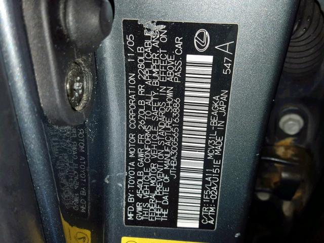 JTHBA30G565163886 - 2006 LEXUS ES 330 GRAY photo 10