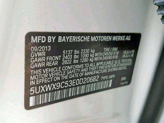 5UXWX9C53E0D20682 - 2014 BMW X3 XDRIVE2 WHITE photo 10