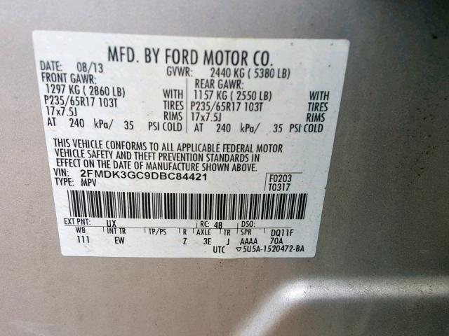 2FMDK3GC9DBC84421 - 2013 FORD EDGE SE SILVER photo 10