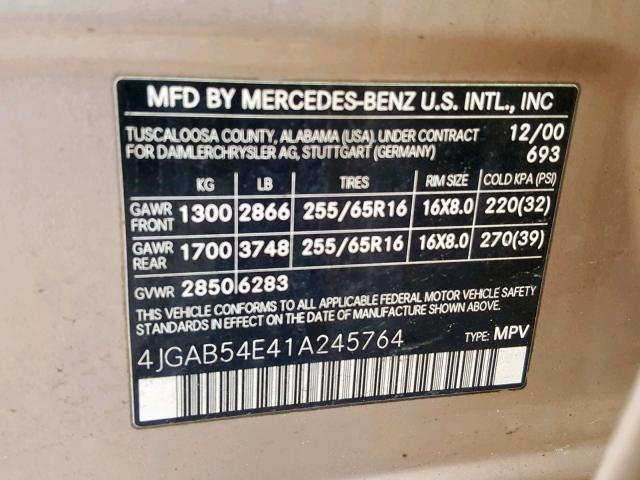 4JGAB54E41A245764 - 2001 MERCEDES-BENZ ML 320 GOLD photo 10