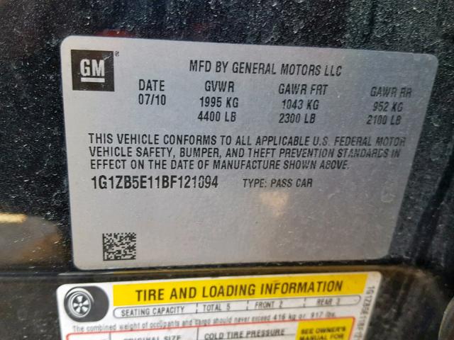 1G1ZB5E11BF121094 - 2011 CHEVROLET MALIBU LS BLACK photo 10