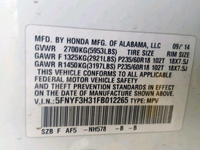 5FNYF3H31FB012265 - 2015 HONDA PILOT SE WHITE photo 10