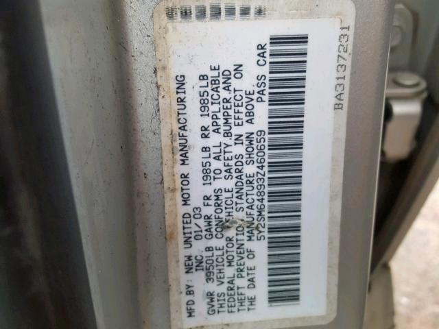 5Y2SM64893Z460659 - 2003 PONTIAC VIBE GRAY photo 10