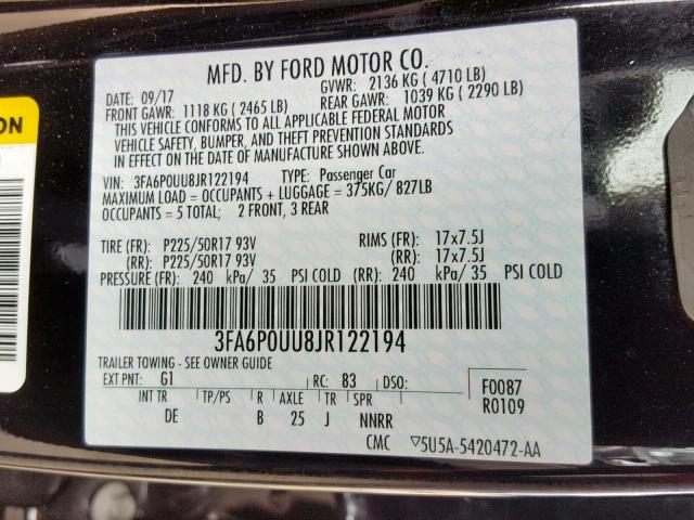 3FA6P0UU8JR122194 - 2018 FORD FUSION S H BLACK photo 10