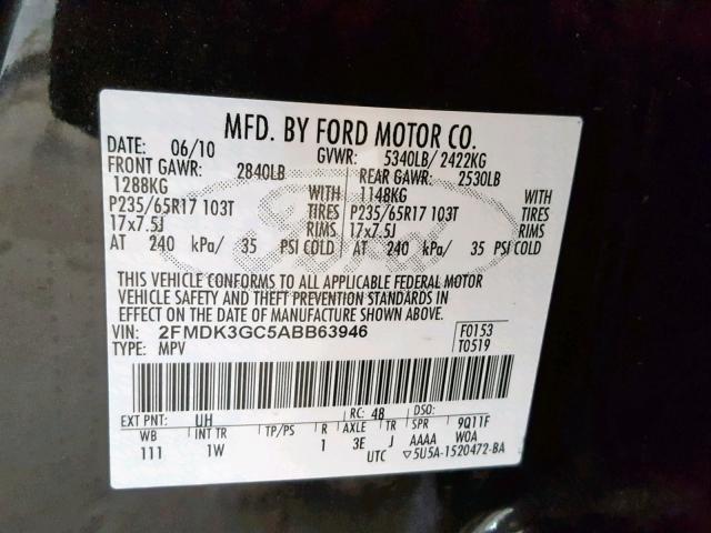 2FMDK3GC5ABB63946 - 2010 FORD EDGE SE BLACK photo 10