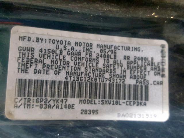 4T1BG12K0TU793172 - 1996 TOYOTA CAMRY DX GREEN photo 10