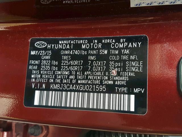 KM8J3CA4XGU021595 - 2016 HYUNDAI TUCSON LIM RED photo 10