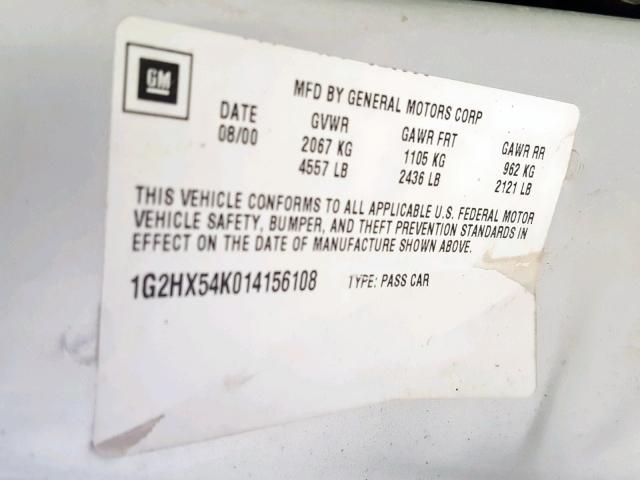 1G2HX54K014156108 - 2001 PONTIAC BONNEVILLE SILVER photo 10