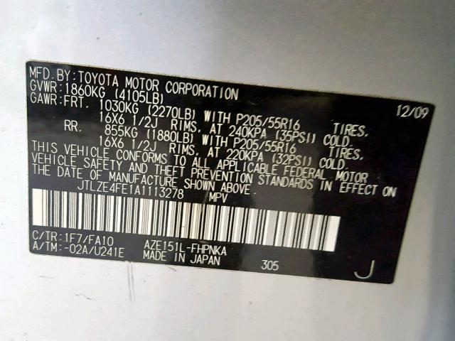 JTLZE4FE1A1113278 - 2010 TOYOTA SCION XB SILVER photo 10