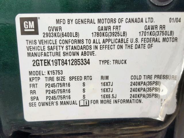 2GTEK19T841285334 - 2004 GMC NEW SIERRA GREEN photo 10