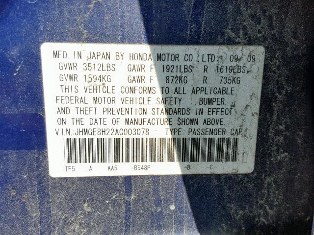 JHMGE8H22AC003078 - 2010 HONDA FIT BLUE photo 10