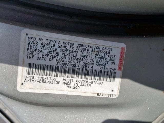 JT8BF28G510329314 - 2001 LEXUS ES 300 SILVER photo 10