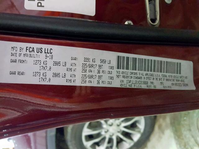 1C4PJLLB1KD316660 - 2019 JEEP CHEROKEE L MAROON photo 10