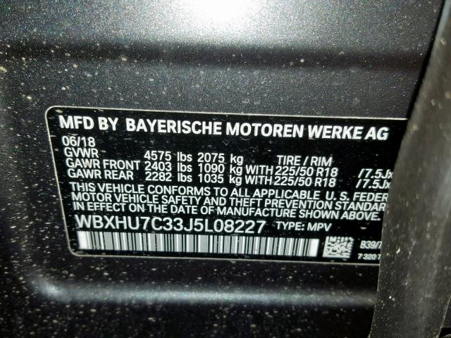 WBXHU7C33J5L08227 - 2018 BMW X1 SDRIVE2 GRAY photo 10