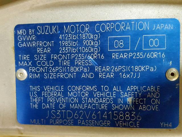 JS3TD62V614158836 - 2001 SUZUKI GRAND VITA SILVER photo 10