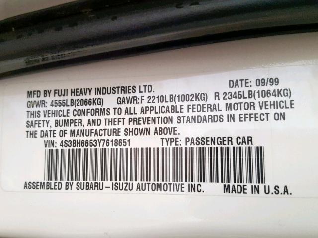 4S3BH6653Y7618651 - 2000 SUBARU LEGACY OUT WHITE photo 10