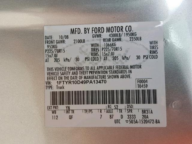 1FTYR10D49PA13470 - 2009 FORD RANGER SILVER photo 10