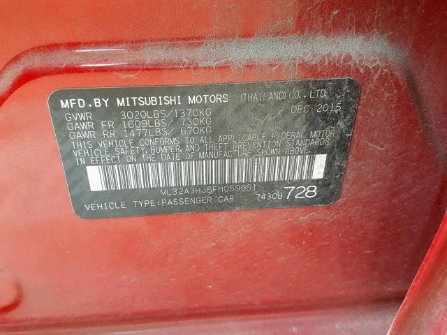 ML32A3HJ6FH059961 - 2015 MITSUBISHI MIRAGE DE RED photo 10