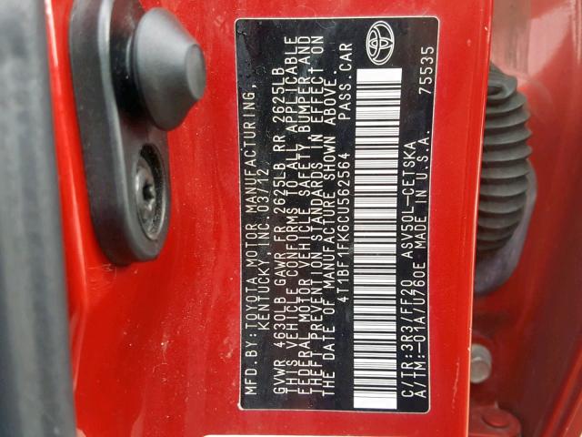 4T1BF1FK6CU562564 - 2012 TOYOTA CAMRY BASE RED photo 10