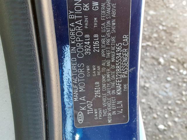 KNAFE121885534365 - 2008 KIA SPECTRA EX BLUE photo 10