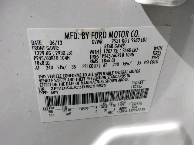 2FMDK4JC3DBC61635 - 2013 FORD EDGE SEL WHITE photo 10