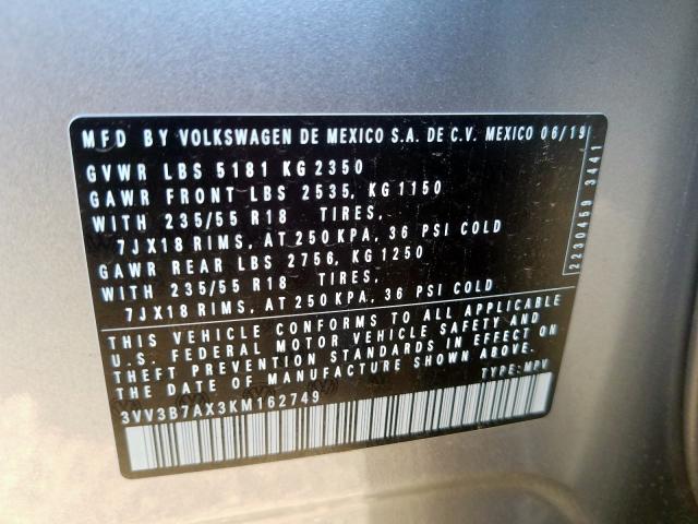 3VV3B7AX3KM162749 - 2019 VOLKSWAGEN TIGUAN SE  photo 10