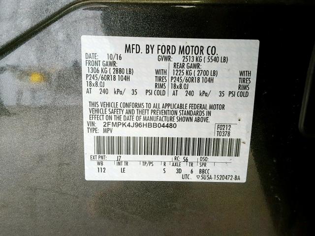 2FMPK4J96HBB04480 - 2017 FORD EDGE SEL SILVER photo 10