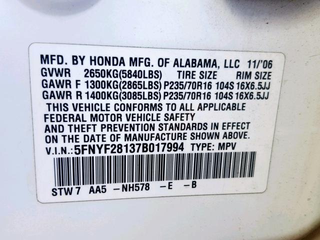 5FNYF28137B017994 - 2007 HONDA PILOT LX WHITE photo 10