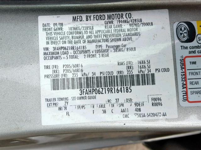 3FAHP06Z19R164185 - 2009 FORD FUSION S SILVER photo 10