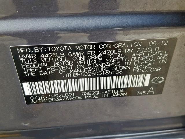 JTHBF5C25D5185106 - 2013 LEXUS IS 250 CHARCOAL photo 10