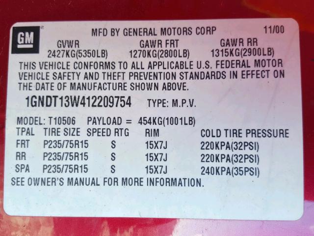 1GNDT13W412209754 - 2001 CHEVROLET BLAZER RED photo 10