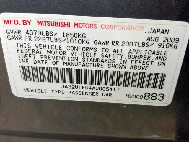 JA32U1FU4AU005417 - 2010 MITSUBISHI LANCER DE CHARCOAL photo 10