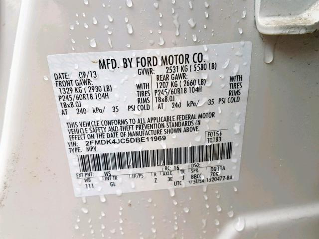 2FMDK4JC5DBE11969 - 2013 FORD EDGE SEL WHITE photo 10