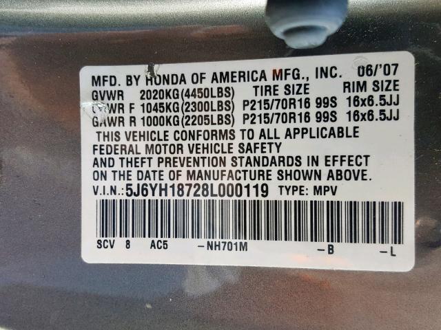 5J6YH18728L000119 - 2008 HONDA ELEMENT EX GRAY photo 10