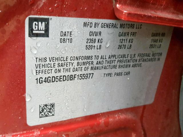 1G4GD5ED0BF155977 - 2011 BUICK LACROSSE C RED photo 10