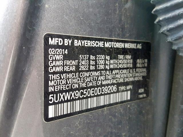 5UXWX9C50E0D39206 - 2014 BMW X3 XDRIVE2 GRAY photo 10