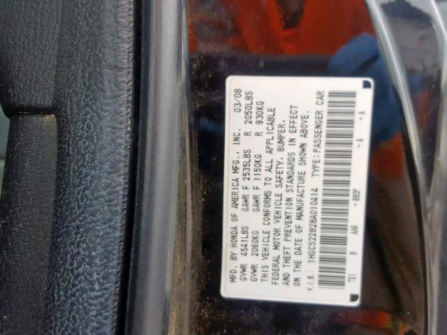 1HGCS22828A010414 - 2008 HONDA ACCORD EXL BLACK photo 10