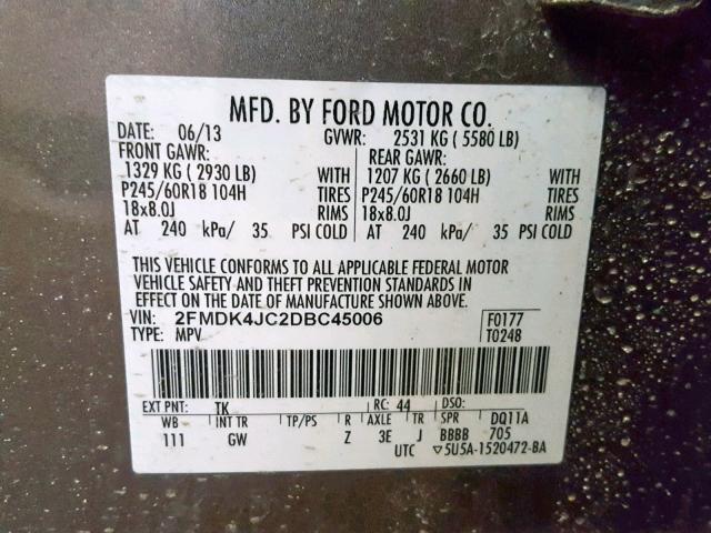 2FMDK4JC2DBC45006 - 2013 FORD EDGE SEL GOLD photo 10