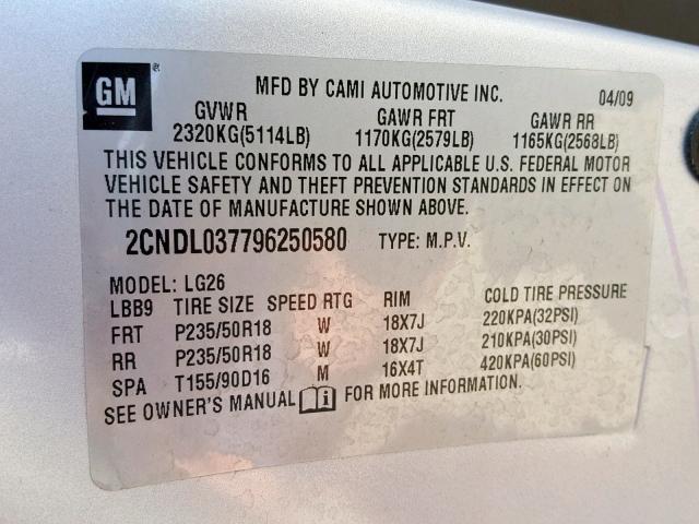 2CNDL037796250580 - 2009 CHEVROLET EQUINOX SP SILVER photo 10