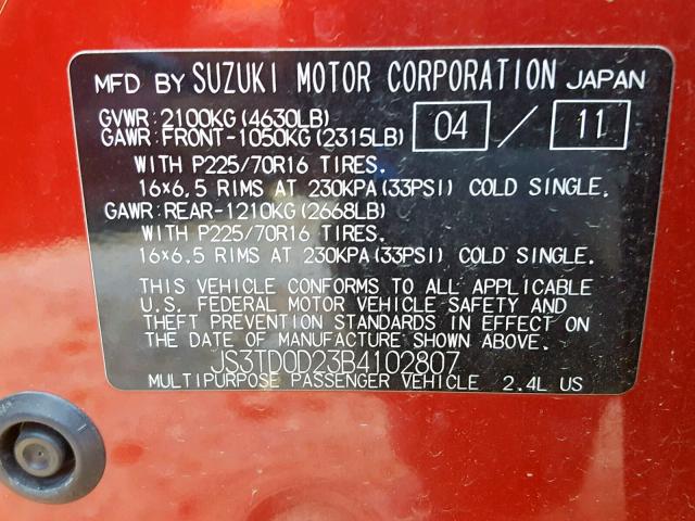 JS3TD0D23B4102807 - 2011 SUZUKI GRAND VITA MAROON photo 10