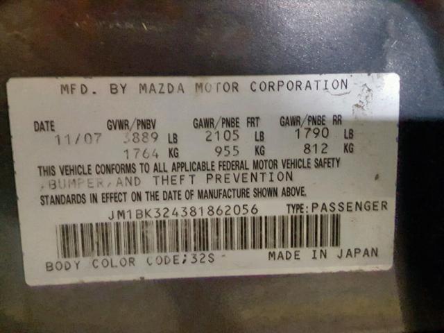 JM1BK324381862056 - 2008 MAZDA 3 S GRAY photo 10